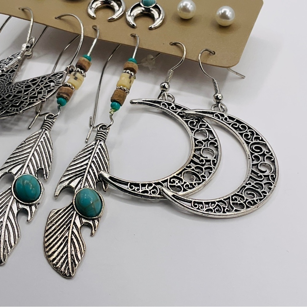 6 Pairs Boho Stud Earring Set Bohemian Feather Heart Dangle Jewelry Silver Tone - Picture 3 of 8